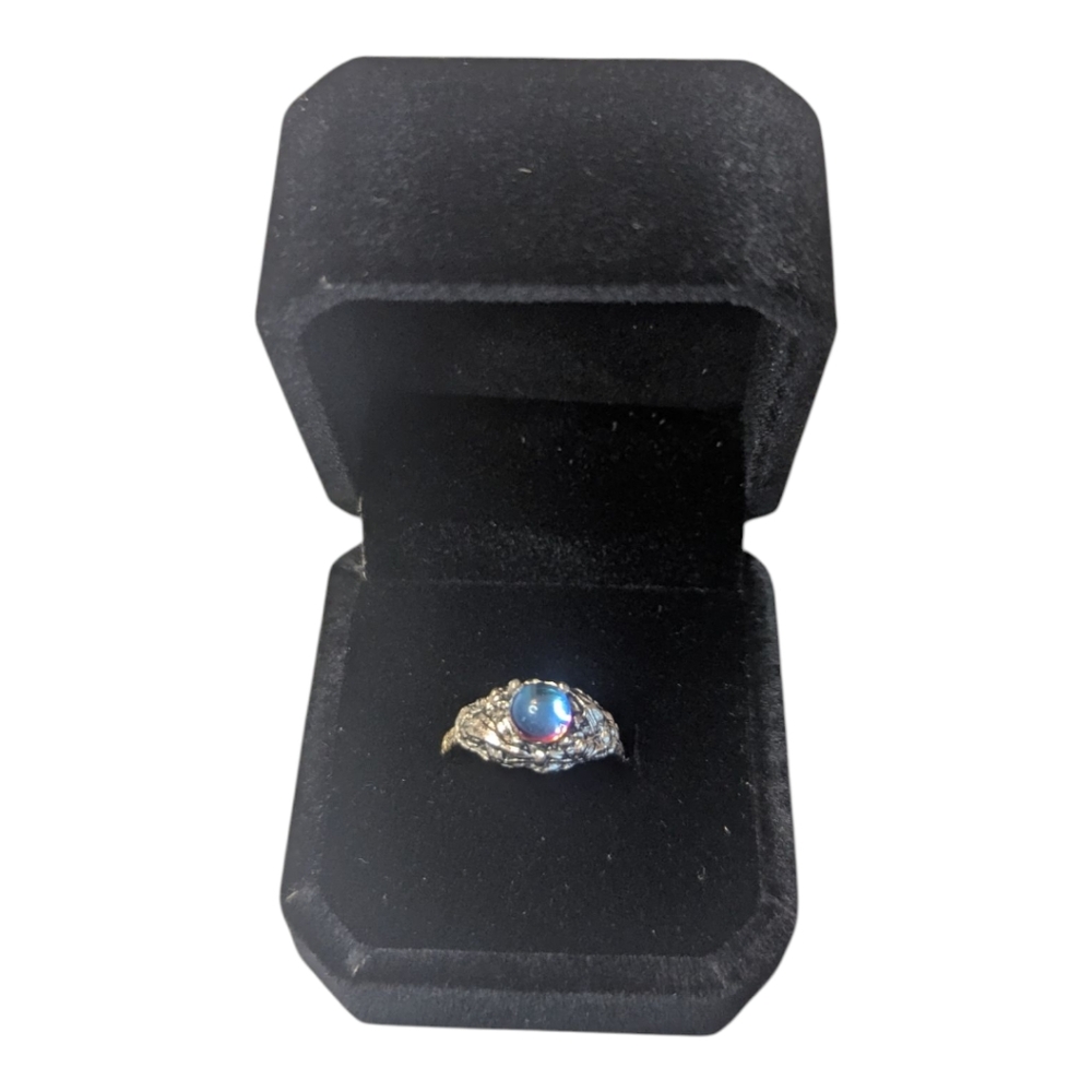 VTG Gothic Rainbow Moonstone Intricate Sliver Tone Adjust Women's Ring Size 7